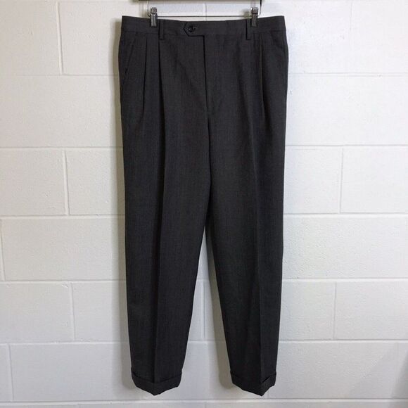 Joseph & Feiss Gold Men's Gray 100% Wool Dress Pants Pleated Cuffed 34 Regular - Picture 1 of 11
